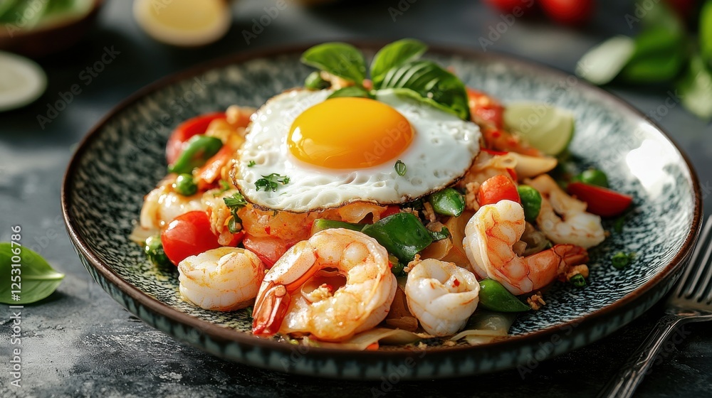 A luxurious presentation of Pad Kra Pao with seafood, served on a modern ceramic plate, topped with a sunny-side-up egg and surrounded by vibrant garnish. A luxurious presentation of Pad Kra Pao with seafood, served on a modern ceramic plate, topped with a sunny-side-up egg and surrounded by vibrant garnish.