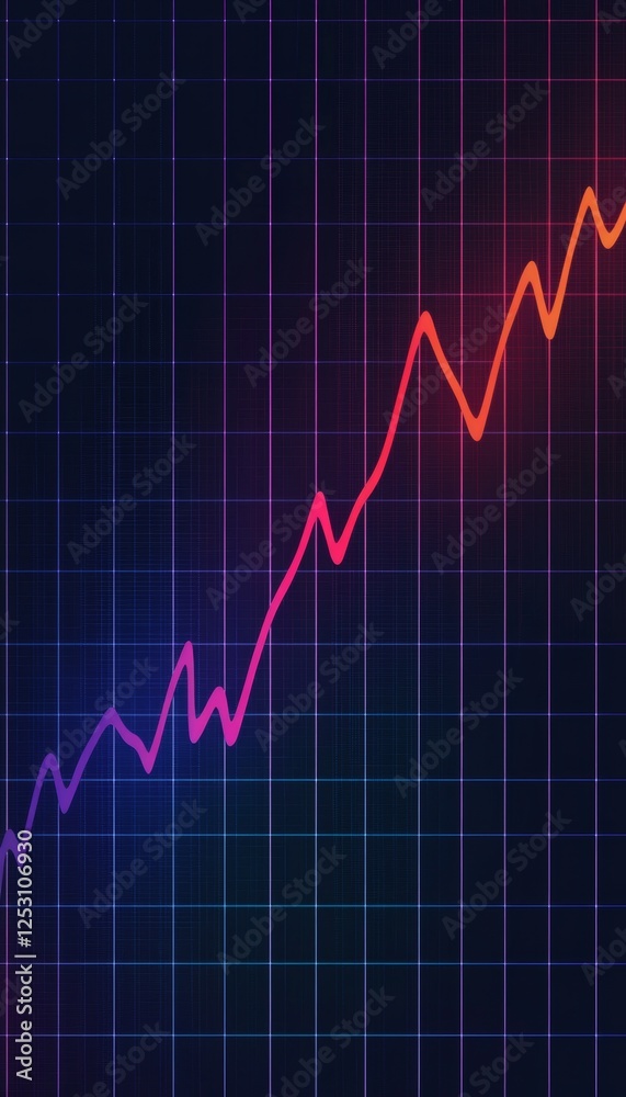 Naklejka premium Vibrant Cyan and Red Line Graph on a Dark Blue Grid, Abstract Financial Chart Depicting Growth
