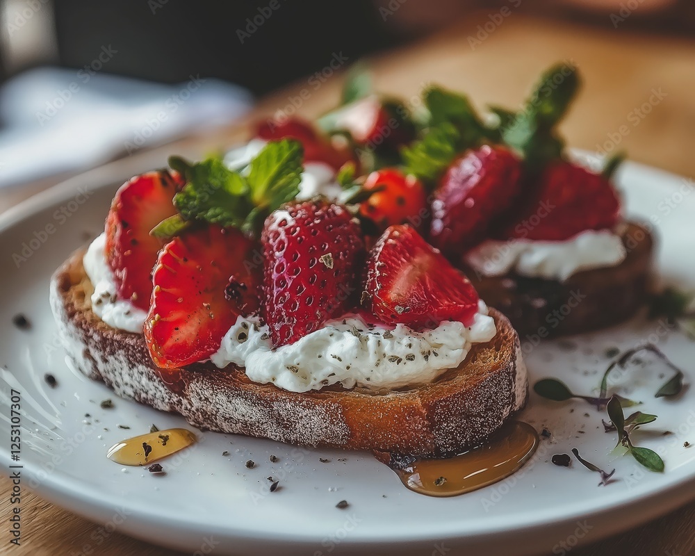 Generative AI, Rustic Strawberry Ricotta Crostini with Honey Generative AI, Rustic Strawberry Ricotta Crostini with Honey