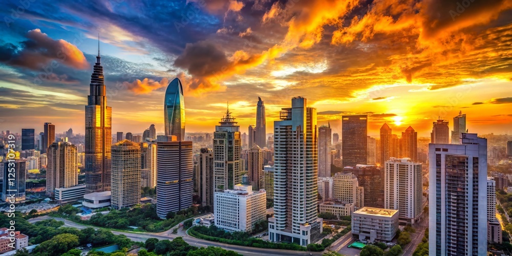 Fototapeta premium Panoramic Cityscape at Sunset, Modern Architecture, Urban Skyline, Golden Hour