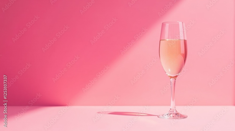 A single glass of sparkling ros? rests on a pink surface, bathed in sunlight A single glass of sparkling ros? rests on a pink surface, bathed in sunlight