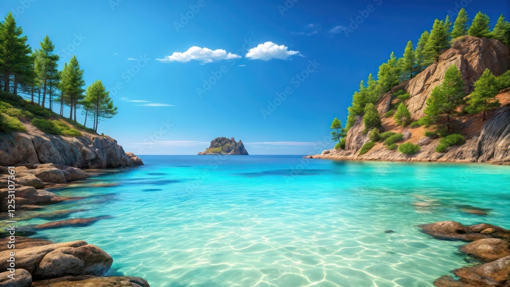 Fototapeta premium Tropical Beach with Clear Blue Water and Small Islands in Distance