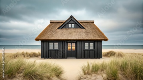 Black Wooden House with Thatched Roof at a Ocean Landscape Background