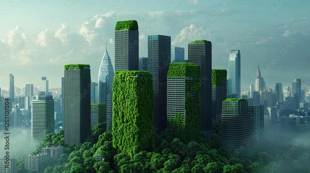 Obraz premium Green skyscrapers amidst urban landscape representing eco-friendly architecture