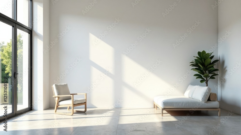 Serene Minimalist Interior Design Sunlight Illuminates a Light-Colored Room Featuring a Lounge Chair and Daybed Serene Minimalist Interior Design Sunlight Illuminates a Light-Colored Room Featuring a Lounge Chair and Daybed
