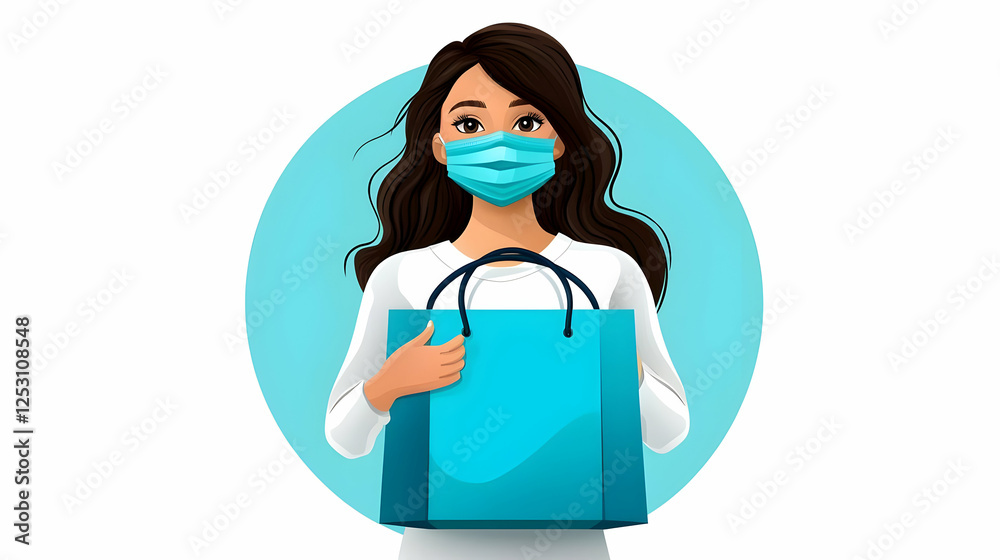 Young Woman with Shopping Bag and Mask in Modern Design Style Young Woman with Shopping Bag and Mask in Modern Design Style
