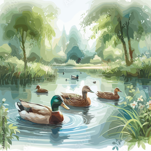 Ducks swimming in a serene pond, peaceful mood, watercolor illustration style, lush greens, nature concept