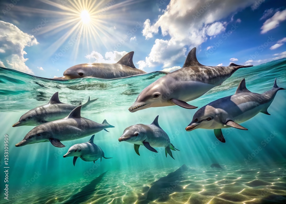 Fototapeta premium Panoramic Ocean View: Pod of Grey Dolphins Swimming in the Deep Blue