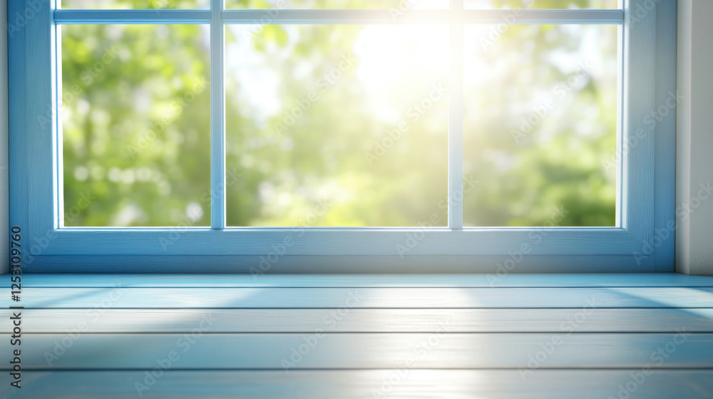 Fototapeta premium Bright sunlight streams through classic blue window frame, illuminating serene interior space with wooden floor. lush greenery outside adds refreshing touch