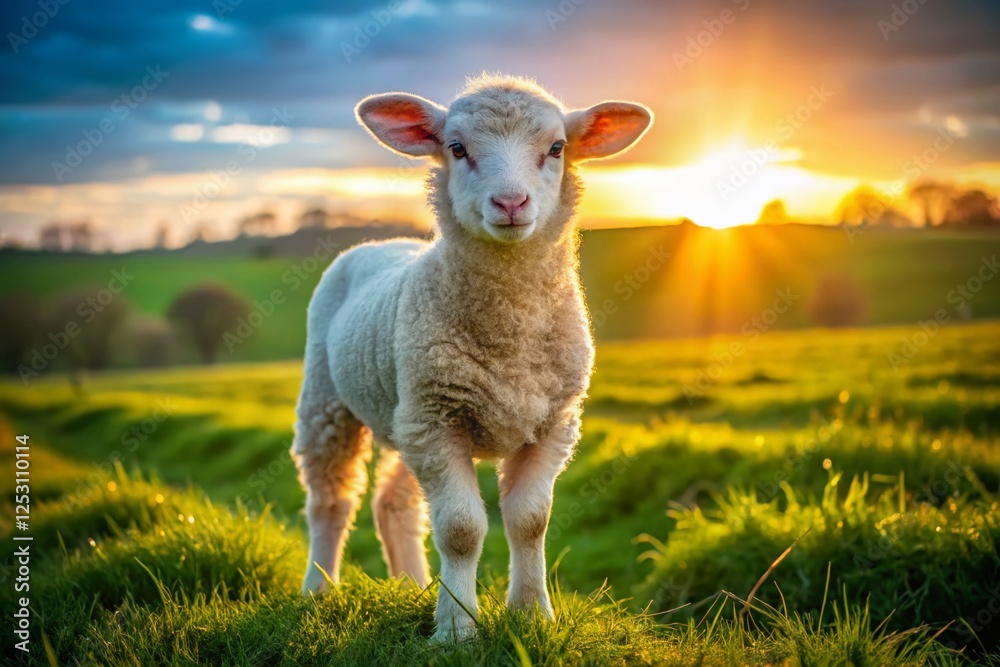 Fototapeta premium Panoramic Portrait: Rare Poll Dorset Lamb in Lush Pasture