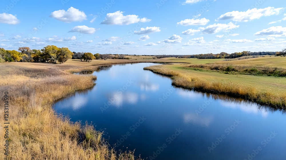 Serene autumn river meandering through golden fields under a blue sky Serene autumn river meandering through golden fields under a blue sky
