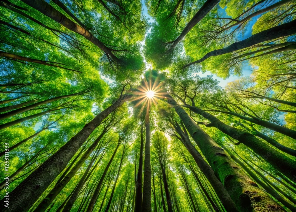 Panoramic Sunlit Canopy: Lush Green Trees, Bottom-Up View, 4K Resolution Panoramic Sunlit Canopy: Lush Green Trees, Bottom-Up View, 4K Resolution