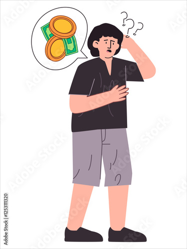 Indebted man character confused overthinking facial expression burden economic problem money condition loan debt crisis male poor person icon colorful design