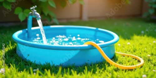 A miniature faucet fills a vibrant blue inflatable pool nestled in a lush green lawn, a yellow hose playfully rests nearby, creating a charming summer scene of childhood fun.