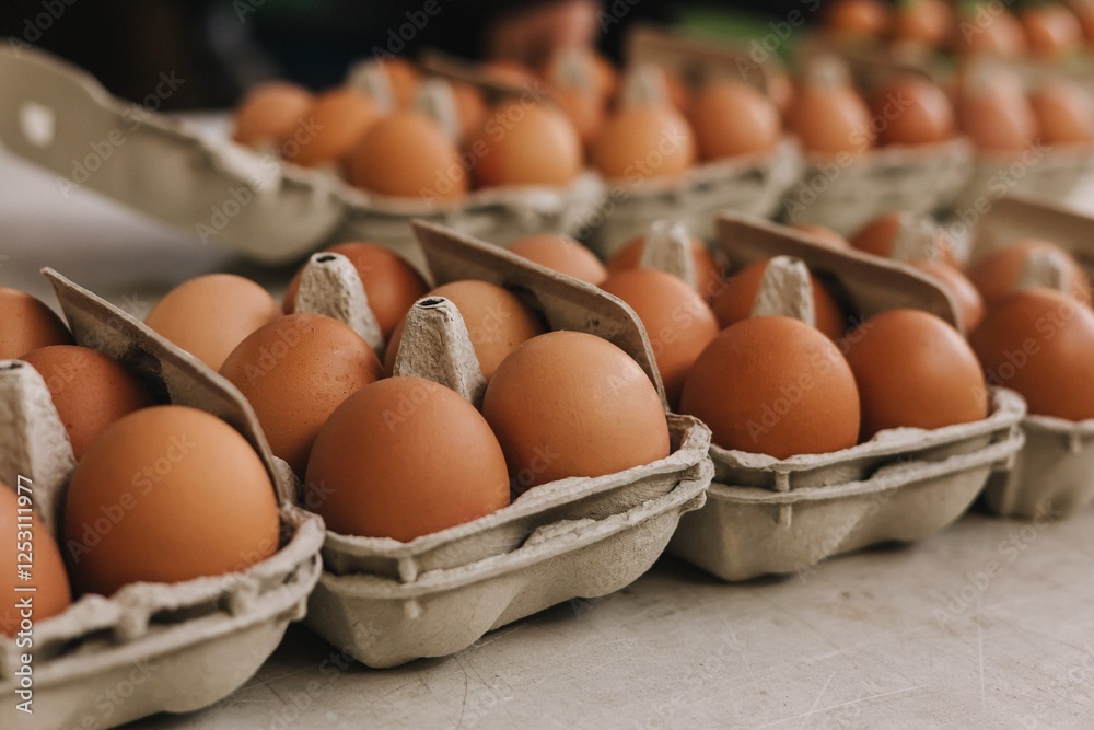 Organic Brown eggs in tray or egg box. Poultry Chicken eggs in carton for grocery or breakfast. Hen farm eggshells collected arranged packaged for sale. Soft focus. Part of a series Organic Brown eggs in tray or egg box. Poultry Chicken eggs in carton for grocery or breakfast. Hen farm eggshells collected arranged packaged for sale. Soft focus. Part of a series