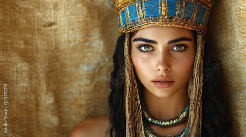 Dynamic portrayal of Cleopatra, influential Egyptian queen, headdress, serpent bracelet, Sphinx backdrop, historical seductress 