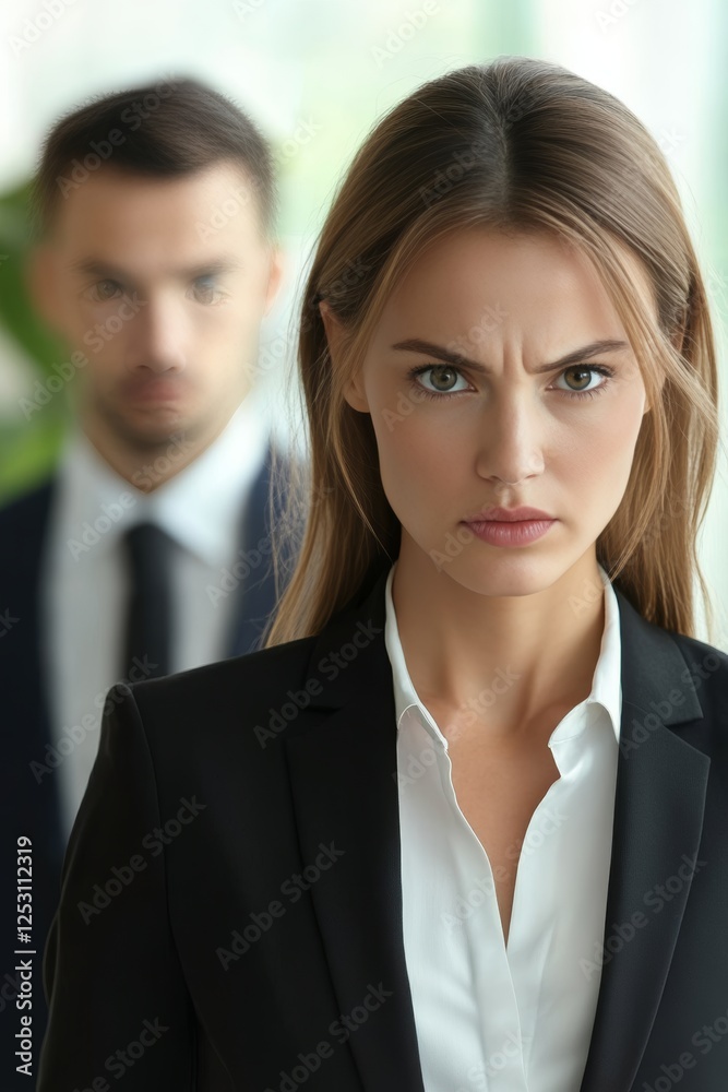 Uncomfortable Space. Young Businesswoman Feels Uneasy With Male Colleague, Potential Harassment Uncomfortable Space. Young Businesswoman Feels Uneasy With Male Colleague, Potential Harassment
