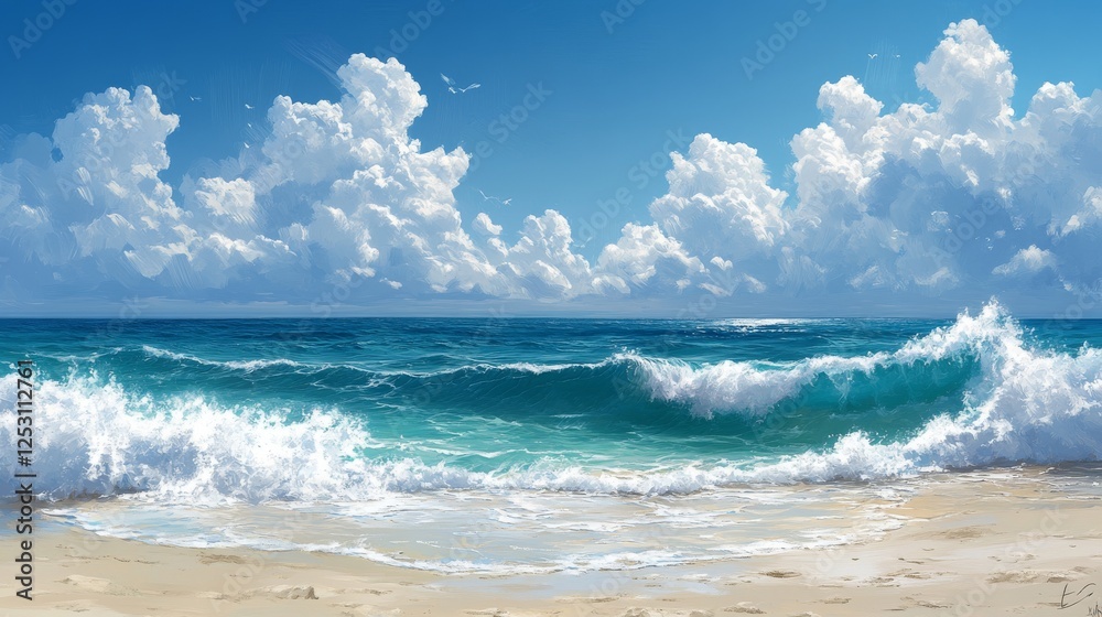 Serene ocean vista with frothy waves under cumulus clouds and bright blue skies, inviting coastal atmosphere Serene ocean vista with frothy waves under cumulus clouds and bright blue skies, inviting coastal atmosphere