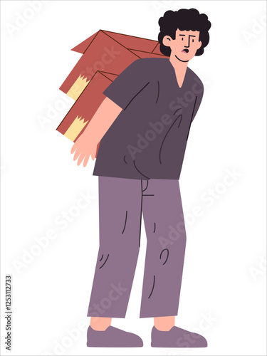 Poor man carrying boxes poverty condition homeless character male beggar jobless tatters clothes unemployment person miserable icon design colorful