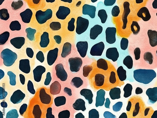 Colorful wild animal print with shades of blue, green, and pink. Geometric pattern resembling cheetah fur.