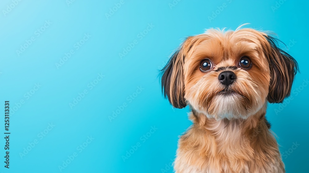 Portrait Of A Small Light Brown Dog Against Light Teal Background Portrait Of A Small Light Brown Dog Against Light Teal Background