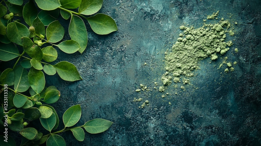 A close-up of green leaves and powdered green substance on a textured surface.