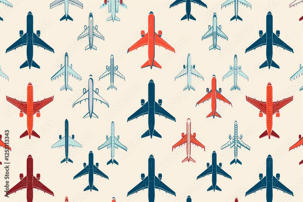 A colorful pattern of various airplane illustrations arranged in a seamless, repeating design on a light background. A colorful pattern of various airplane illustrations arranged in a seamless, repeating design on a light background.