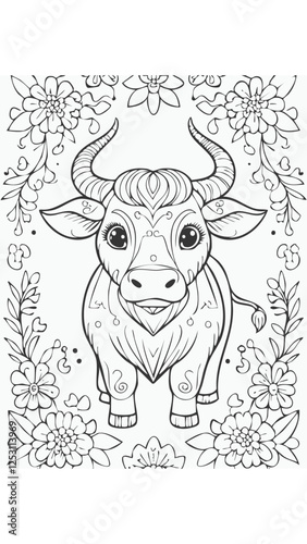 Cute Bull Buffalo Mammal Coloring Kid Book Page in Black and White. Monochrome and Colored Samples
