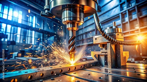 Panoramic View of Industrial Drilling Machine with Drill Bit for Tapping Holes