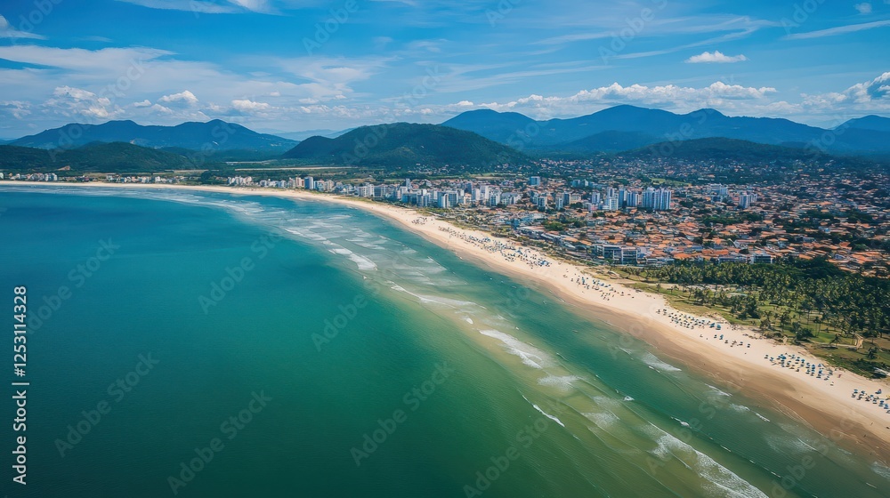 Fototapeta premium Aerial View of Itapema Beach, Brazil: Turquoise Waters, Golden Sands, and Mountain Backdrop