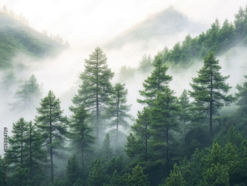 Fototapeta premium Mystical early morning fog envelops a dense mountain forest with pine trees.