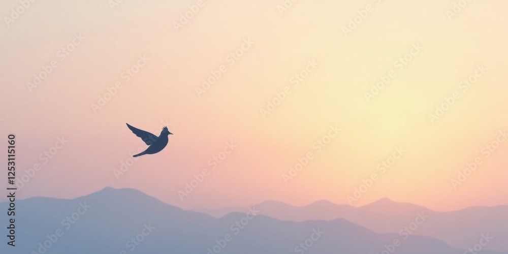 Fototapeta premium Serene Silhouette of a Bird in Flight Against a Soft, Pastel Sunset Over Rolling Hills