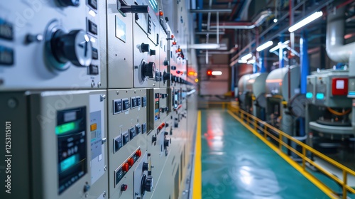 Electrical switchgear, Industrial electrical switch panel at substation in industrial zone at power plant with closed up high resolution 50M pixel concept which customer can use for large file.