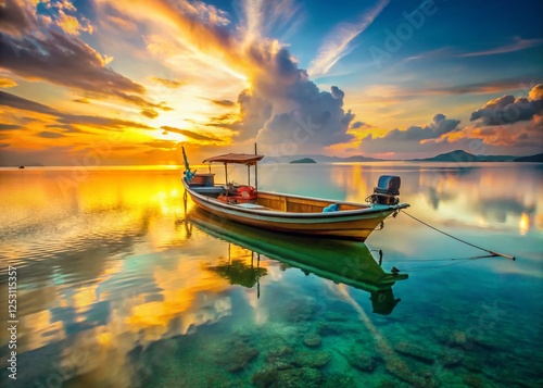 Panoramic View of Traditional Thai Kolae Fishing Boat at Sunset photo