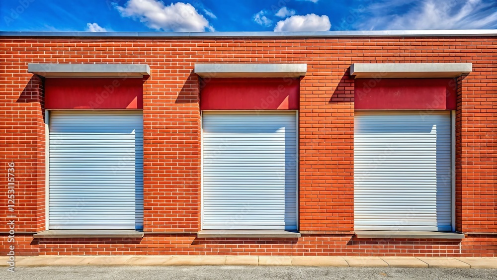 Panoramic View: Three White-Framed Windows with Roller Shutters on Red Brick Building Panoramic View: Three White-Framed Windows with Roller Shutters on Red Brick Building