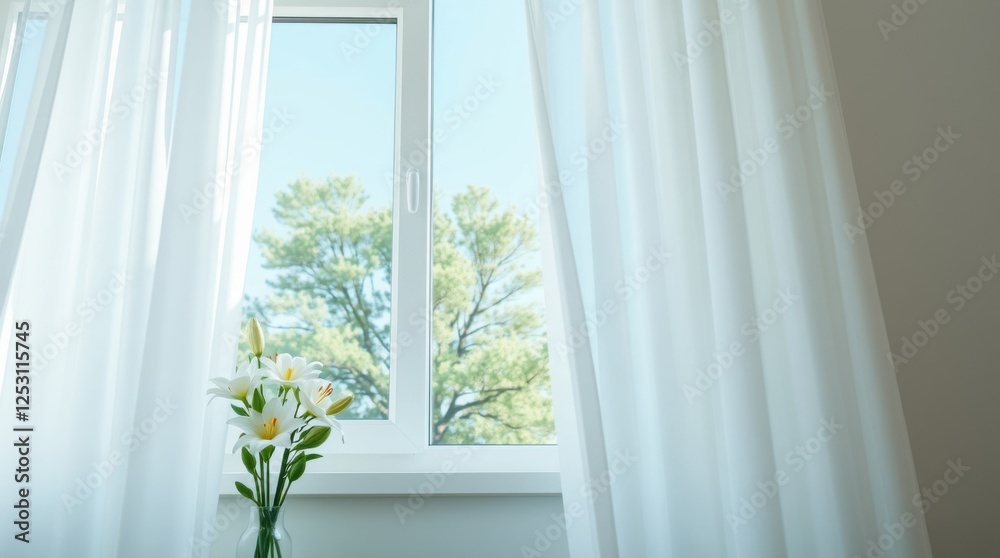 Sunlit room: lilies by the window, sheer curtains gently flowing in the breeze, creating soft light. Sunlit room: lilies by the window, sheer curtains gently flowing in the breeze, creating soft light.