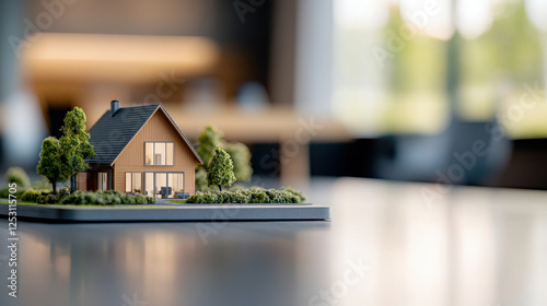 close up of model country house layout on table, showcasing intricate details and surrounding greenery, evoking sense of tranquility and design inspiration photo