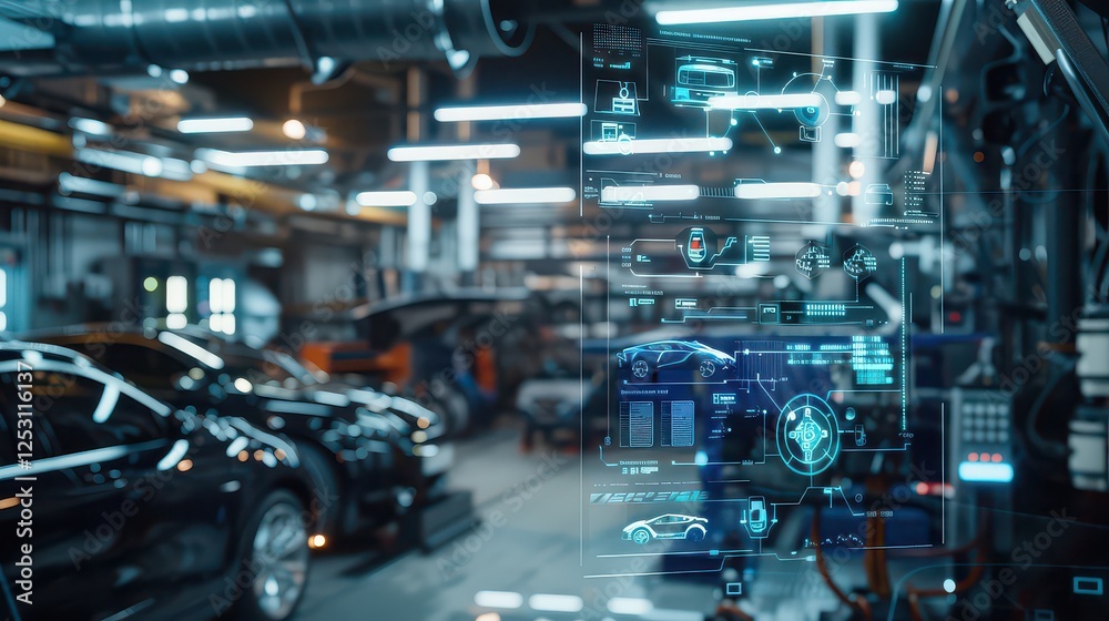 Fototapeta premium A car is shown in a factory with a computer screen displaying a car's engine