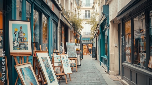 Fototapeta Naklejka Na Ścianę i Meble -  Corner angle, parisian small modern art gallery, with modern art and paintings on the ways, bright,light and airy, door entrance to street on the right hand side, real photography