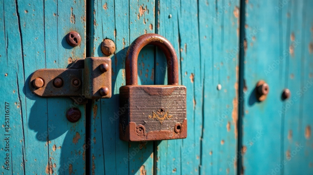 Rusty padlock secures aged turquoise wooden door, weathered and worn by time's passage. Rusty padlock secures aged turquoise wooden door, weathered and worn by time's passage.