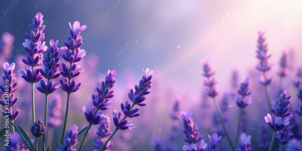 Naklejka premium Serene Lavender Field at Dawn A Soft, Dreamy Panorama of Purple Blossoms Basking in Golden Sunlight