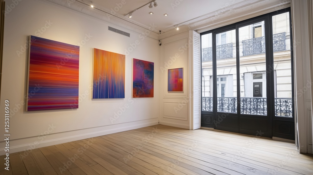 Obraz premium Corner angle, parisian small modern art gallery, with modern art and paintings on the ways, bright,light and airy, door entrance to street on the right hand side, real photography