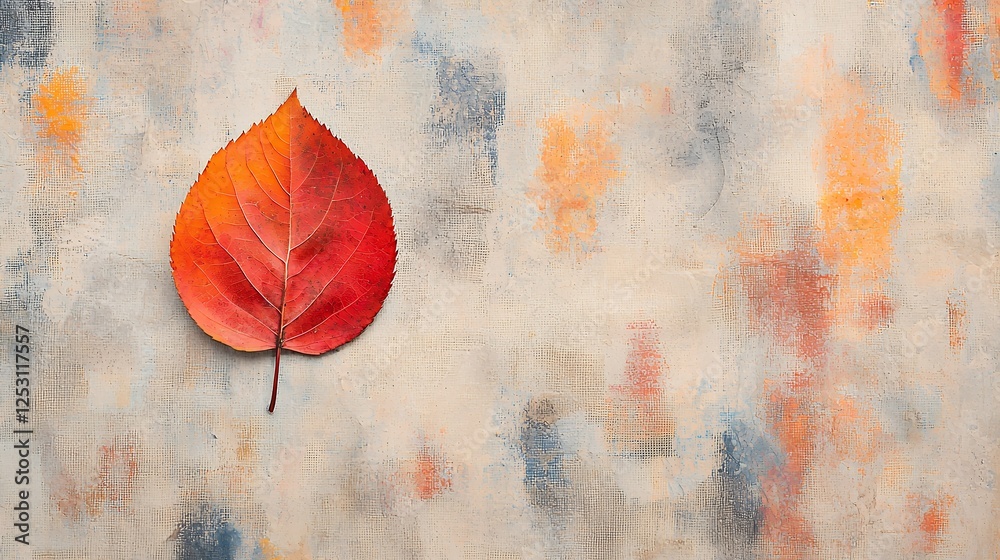 Fototapeta premium Red Orange Autumn Leaf On Textured Beige Background