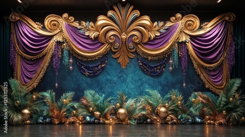 Opulent Baroque Backdrop with Gold Accents and Lush Tropical Foliage Display