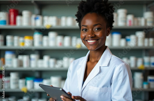 portrait black Female pharmacist or healthcare professional taking inventory or reviewing a clipboard in a pharmacy