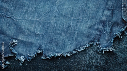 Frame of denim blue jeans fabric with ripped details. Recycled old jeans denim piece showcasing a seam fragment
