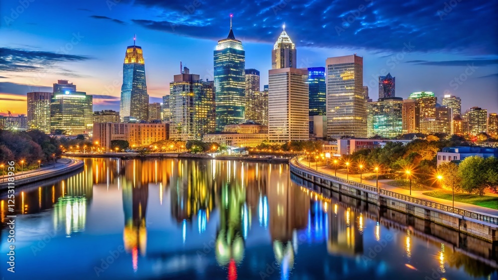 Naklejka premium Philadelphia Night Skyline: Vibrant Cityscape Illumination