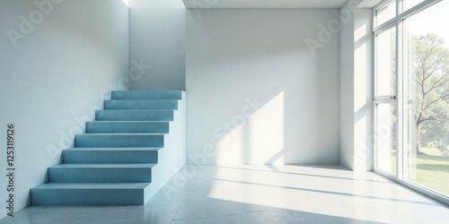 Serene Minimalist Interior Sunlight Illuminates Modern Light Blue Staircase in a Bright Room with Large Window
