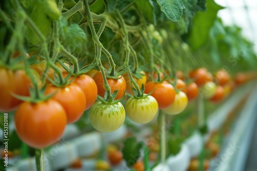 Innovative hydroponic farming system showcasing vibrant, young tomatoes thriving without soil in a controlled environment. Generative AI photo