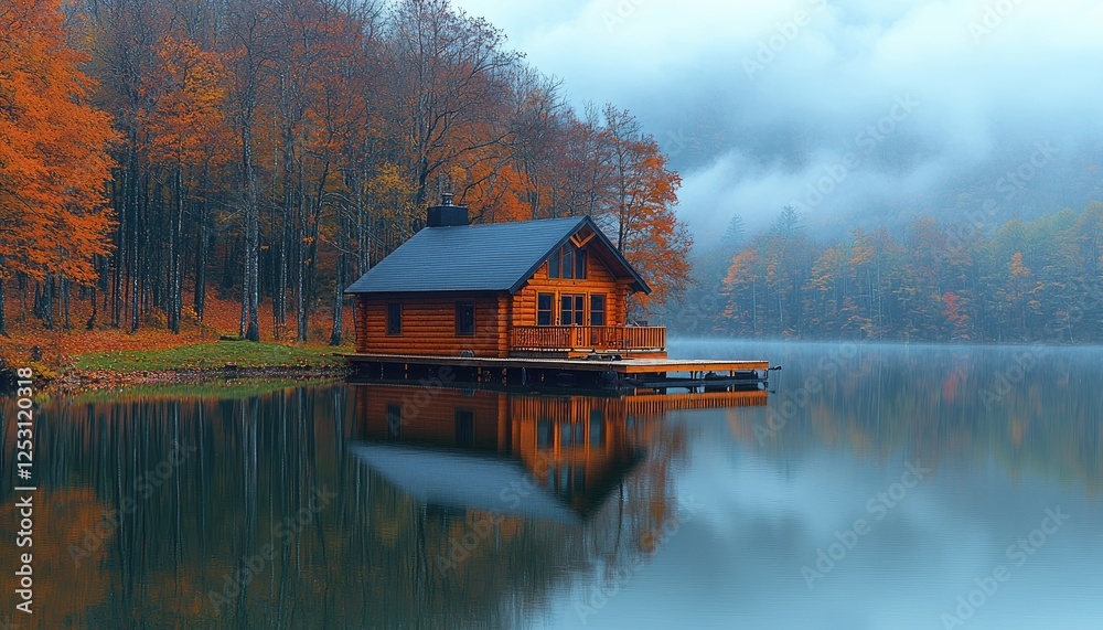 Fototapeta premium Autumnal Cabin Lakeside Tranquility Scenic View